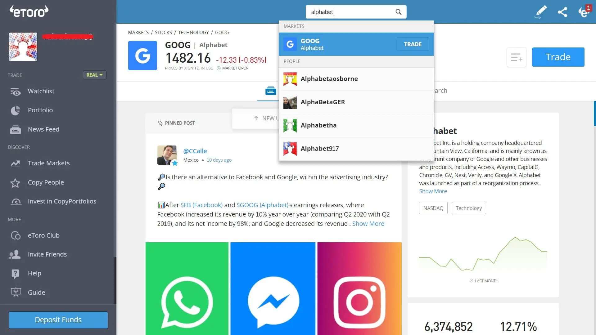 Searching for Alphabet stock on eToro's platform