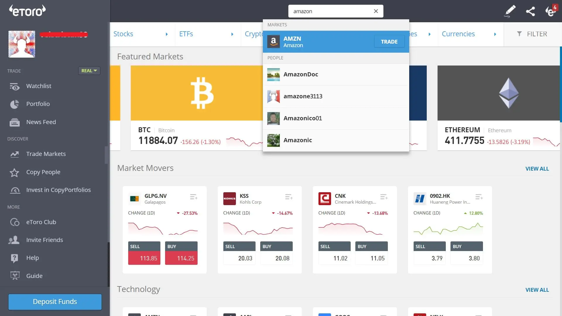 Searching for Amazon stock on eToro's platform