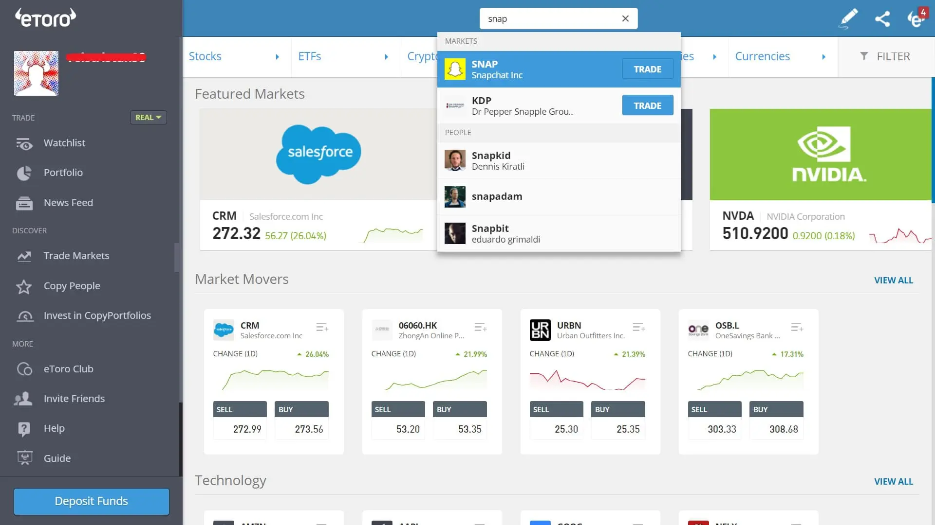 Searching for Snap stock on eToro's platform
