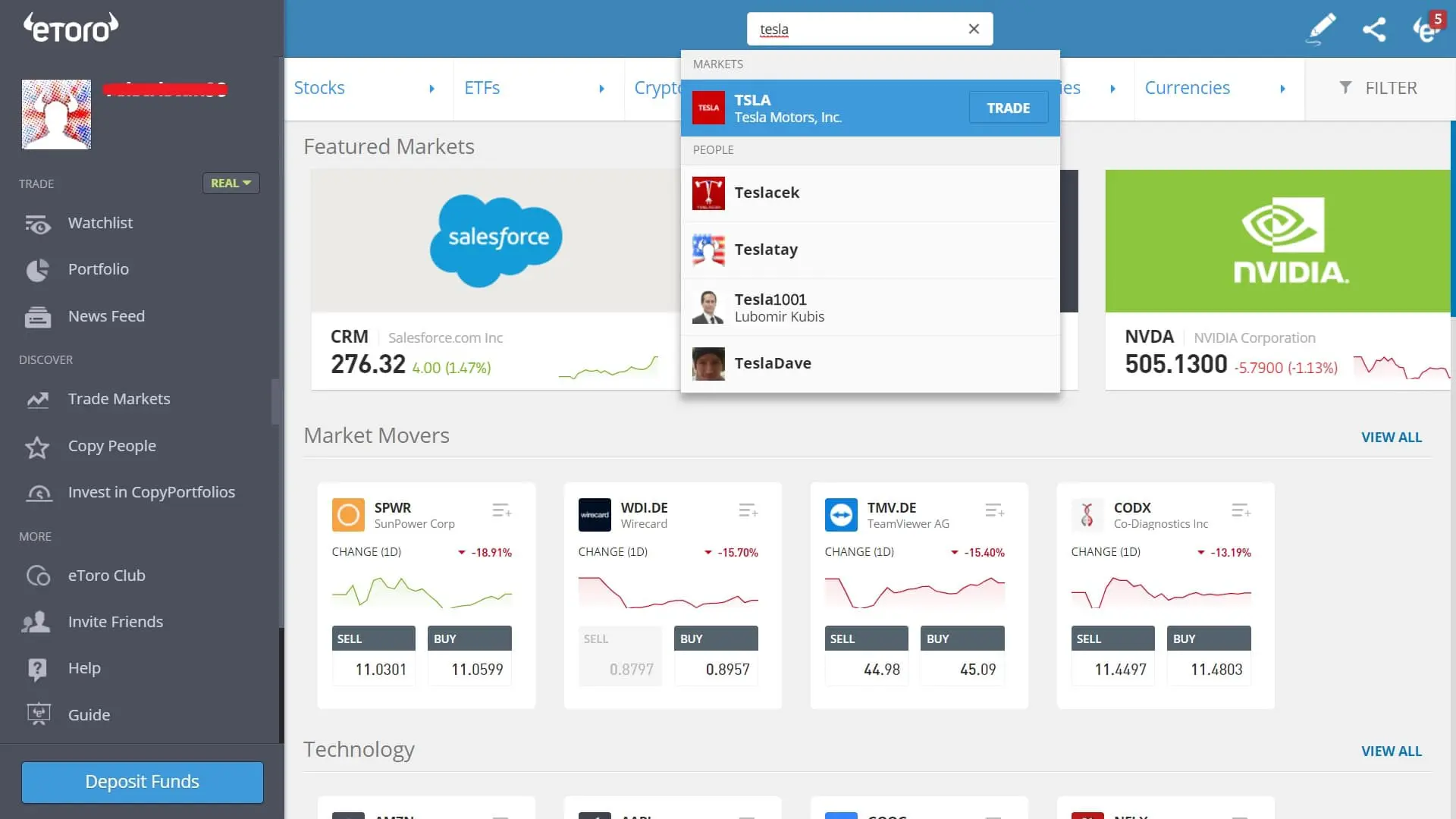 Searching for Tesla stock on eToro's platform