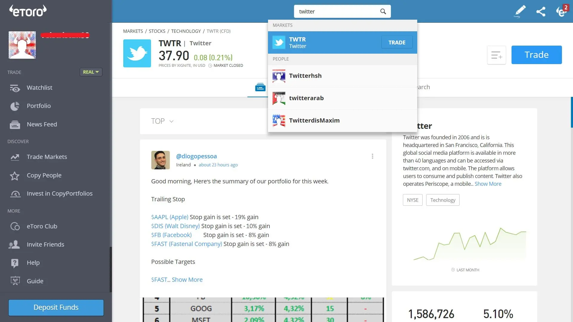 Searching for Twitter stock on eToro's platform