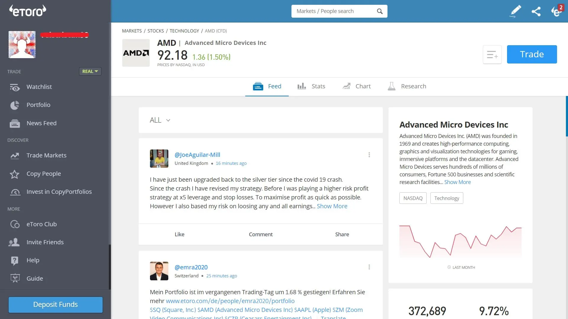 AMD stock trading on eToro's platform