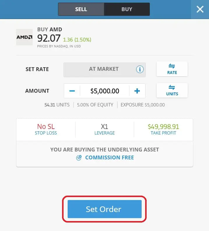 Executing order on eToro's platform AMD