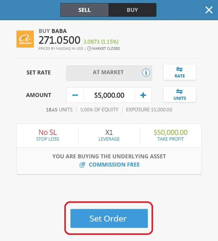 Executing order on eToro's platform