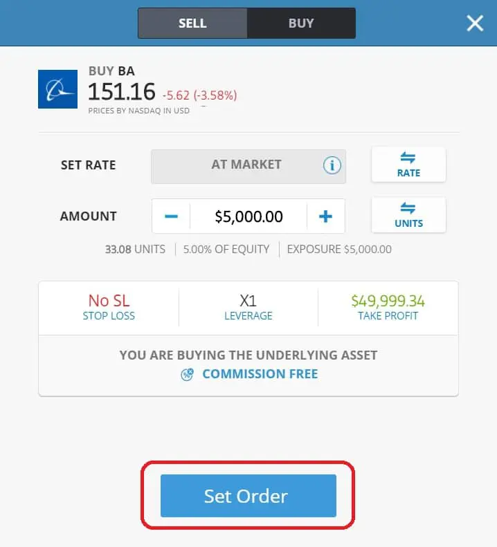 Executing order on eToro's platform Boeing