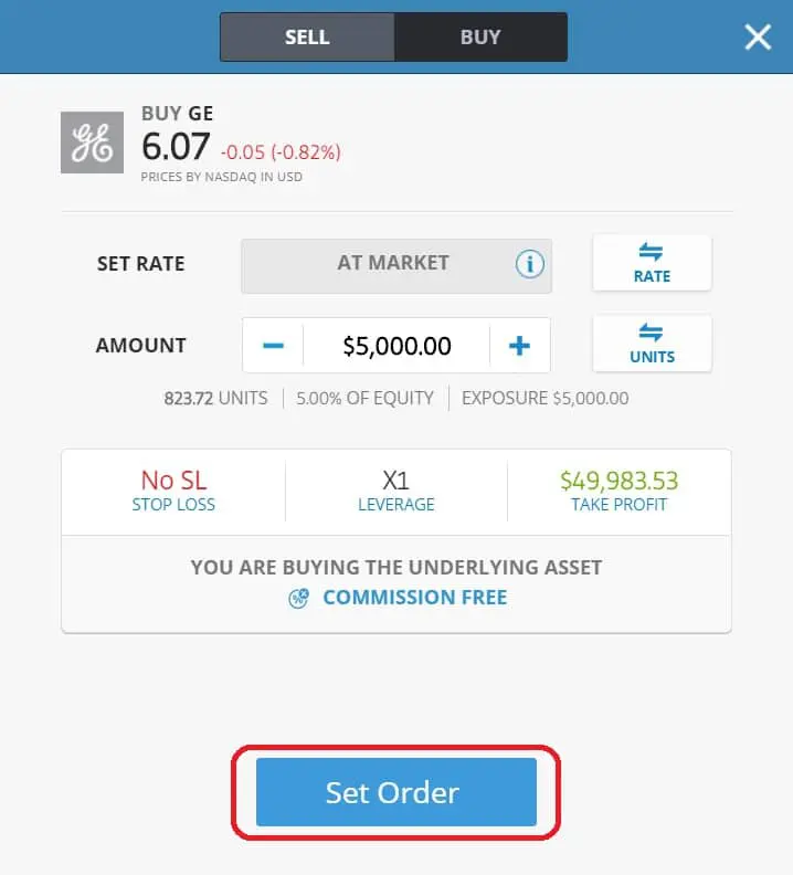 Executing order on eToro's platform GE