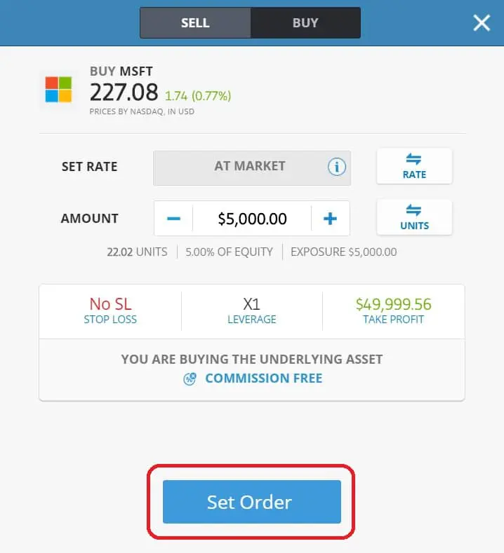 Executing order on eToro's platform Microsoft