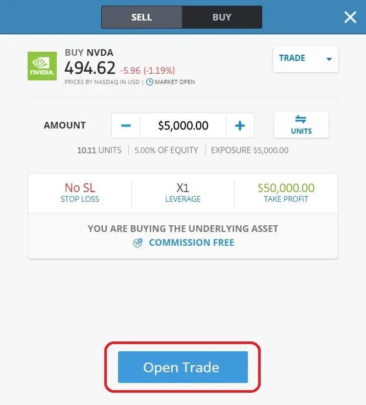 Executing order on eToro's platform NVIDIA