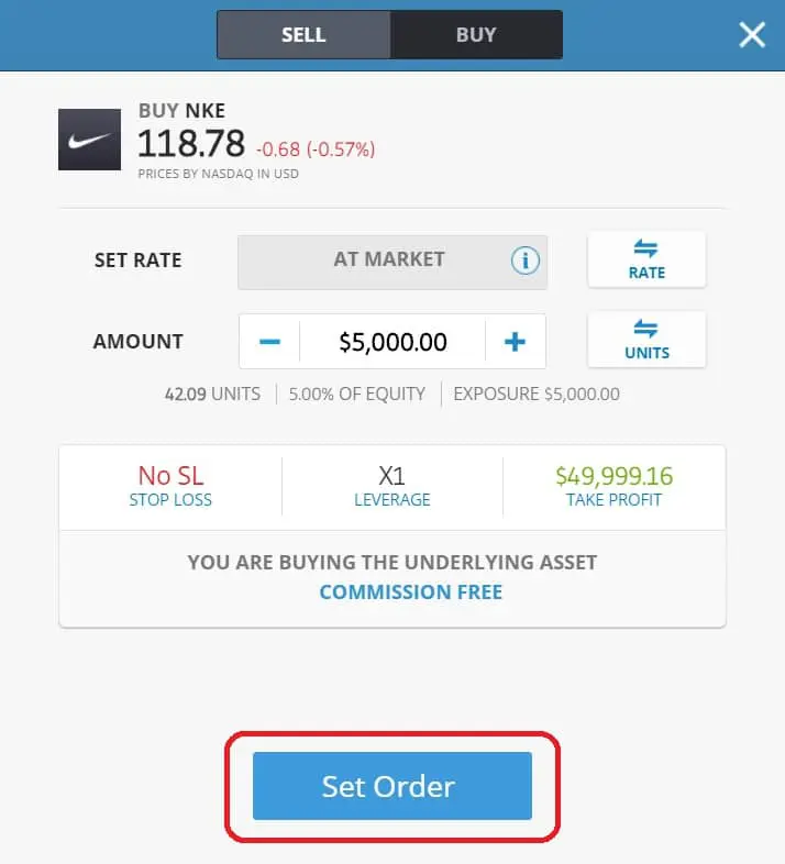 Executing order on eToro's platform Nike
