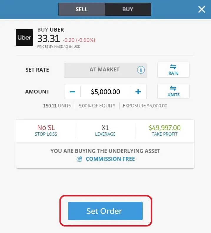 Executing order on eToro's platform Uber