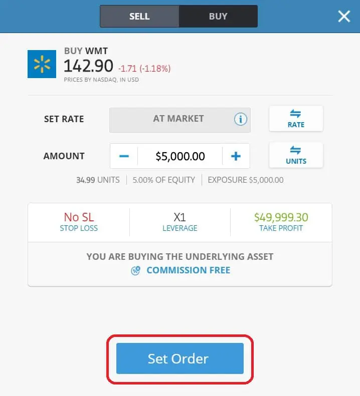 Executing order on eToro's platform
