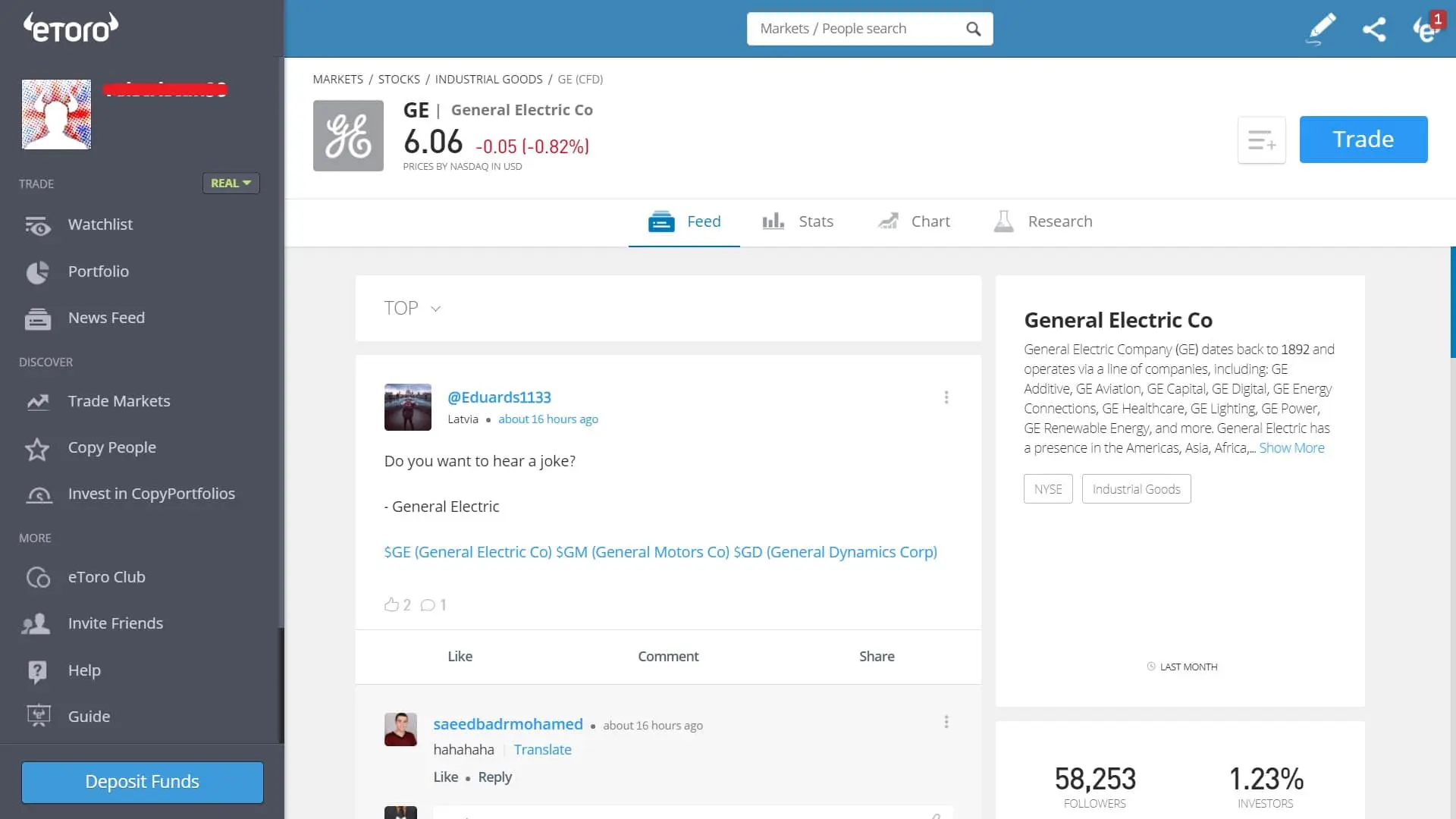 GE stock trading on eToro's platform