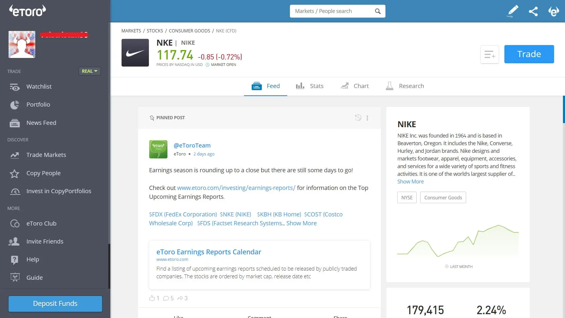 Nike stock trading on eToro's platform