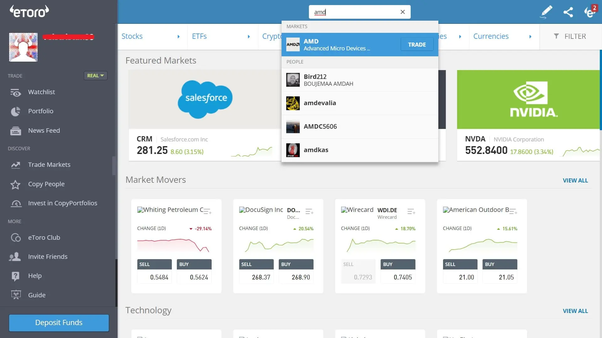 Searching for AMD stock on eToro's platform