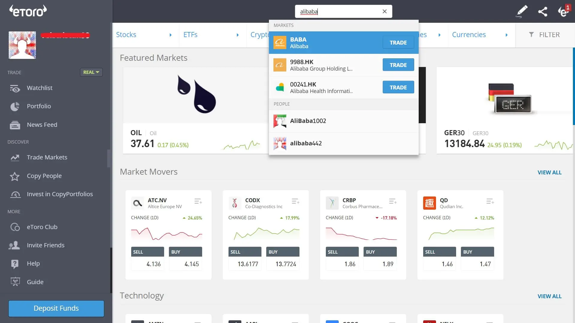 Searching for Alibaba stock on eToro's platform