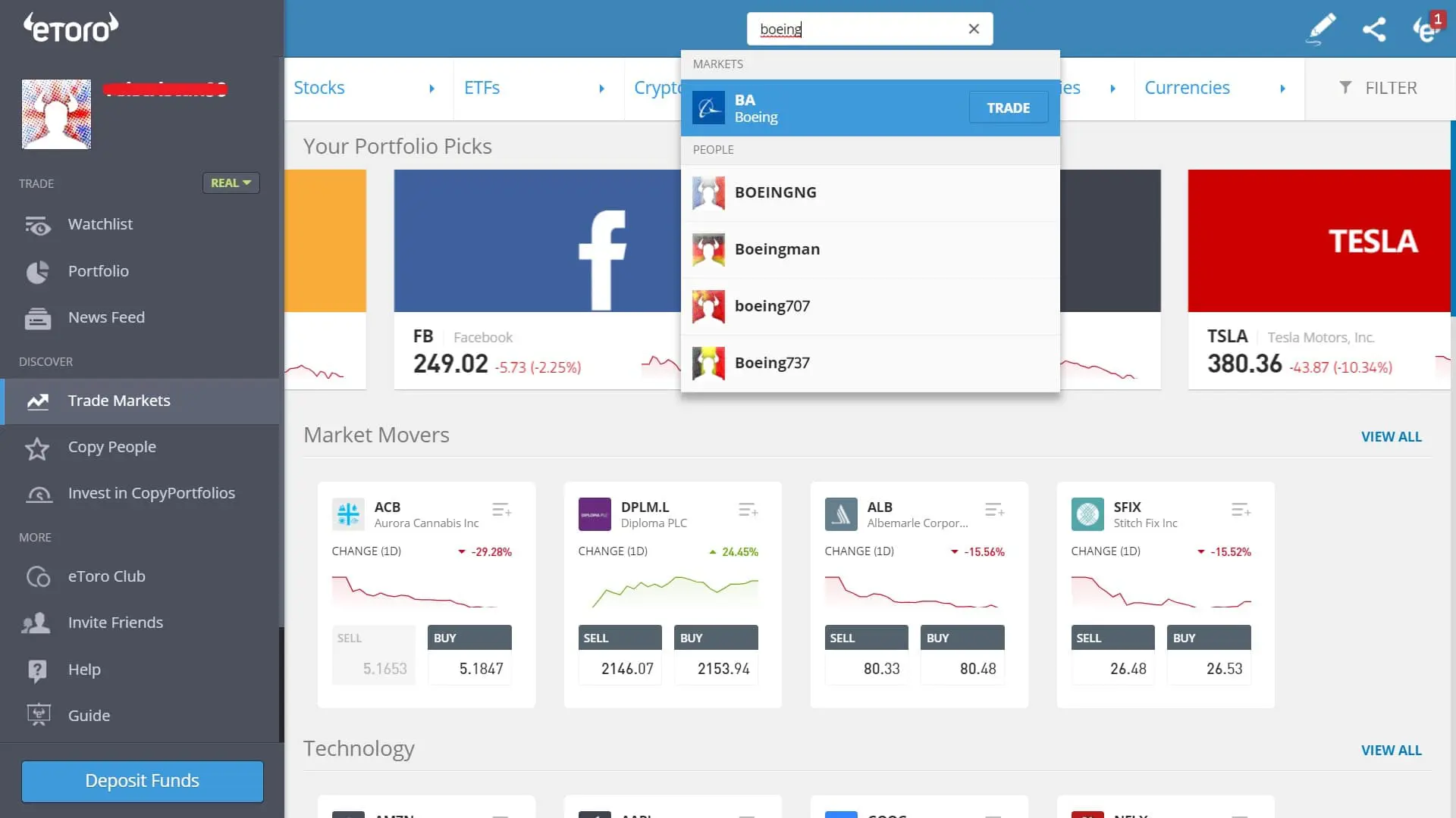 Searching for Boeing stock on eToro's platform