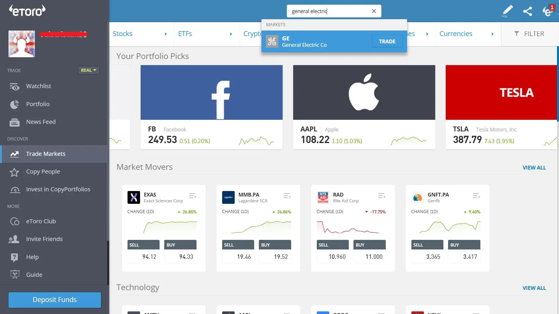 Searching for GE stock on eToro's platform