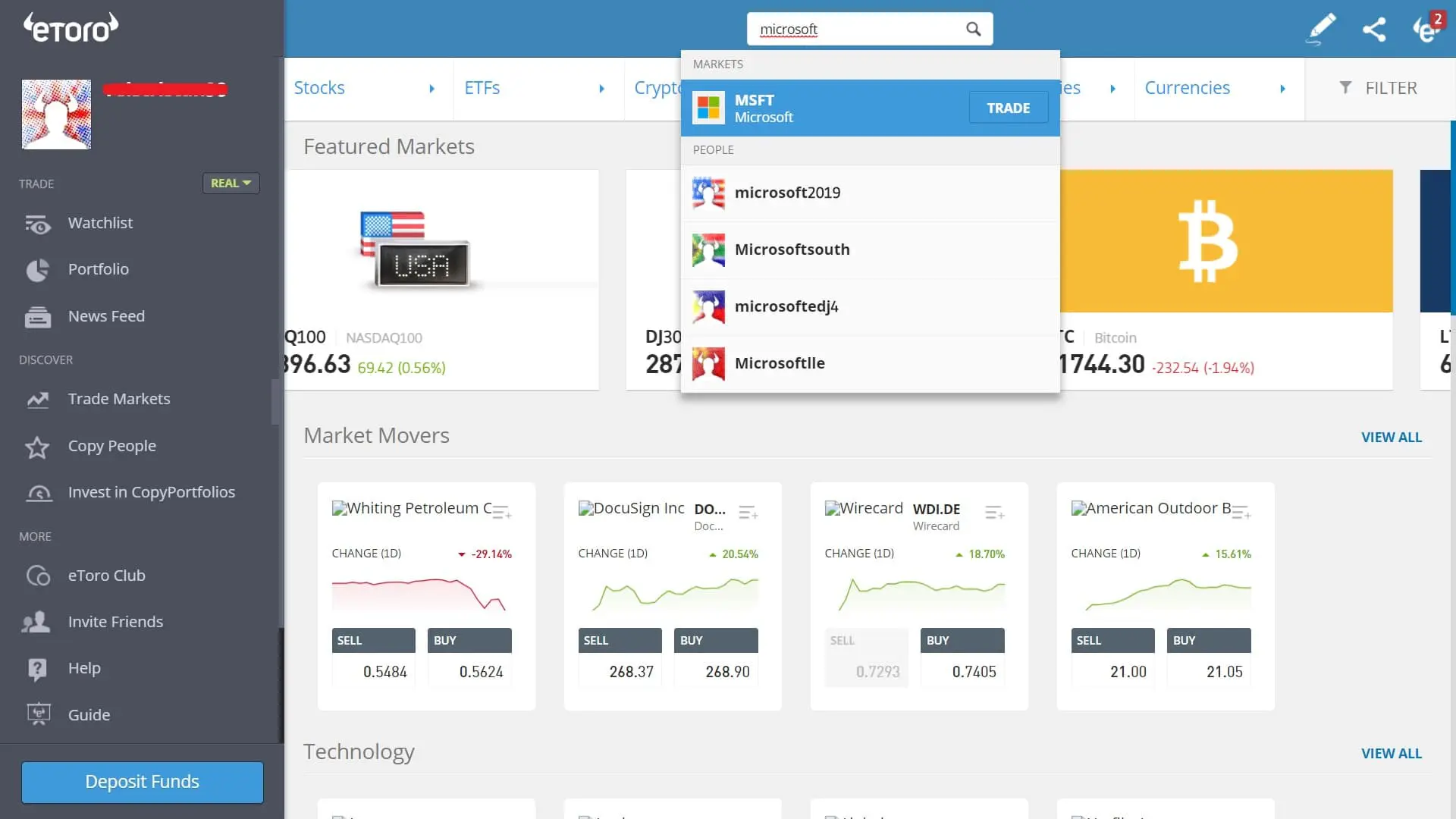 Searching for Microsoft stock on eToro's platform