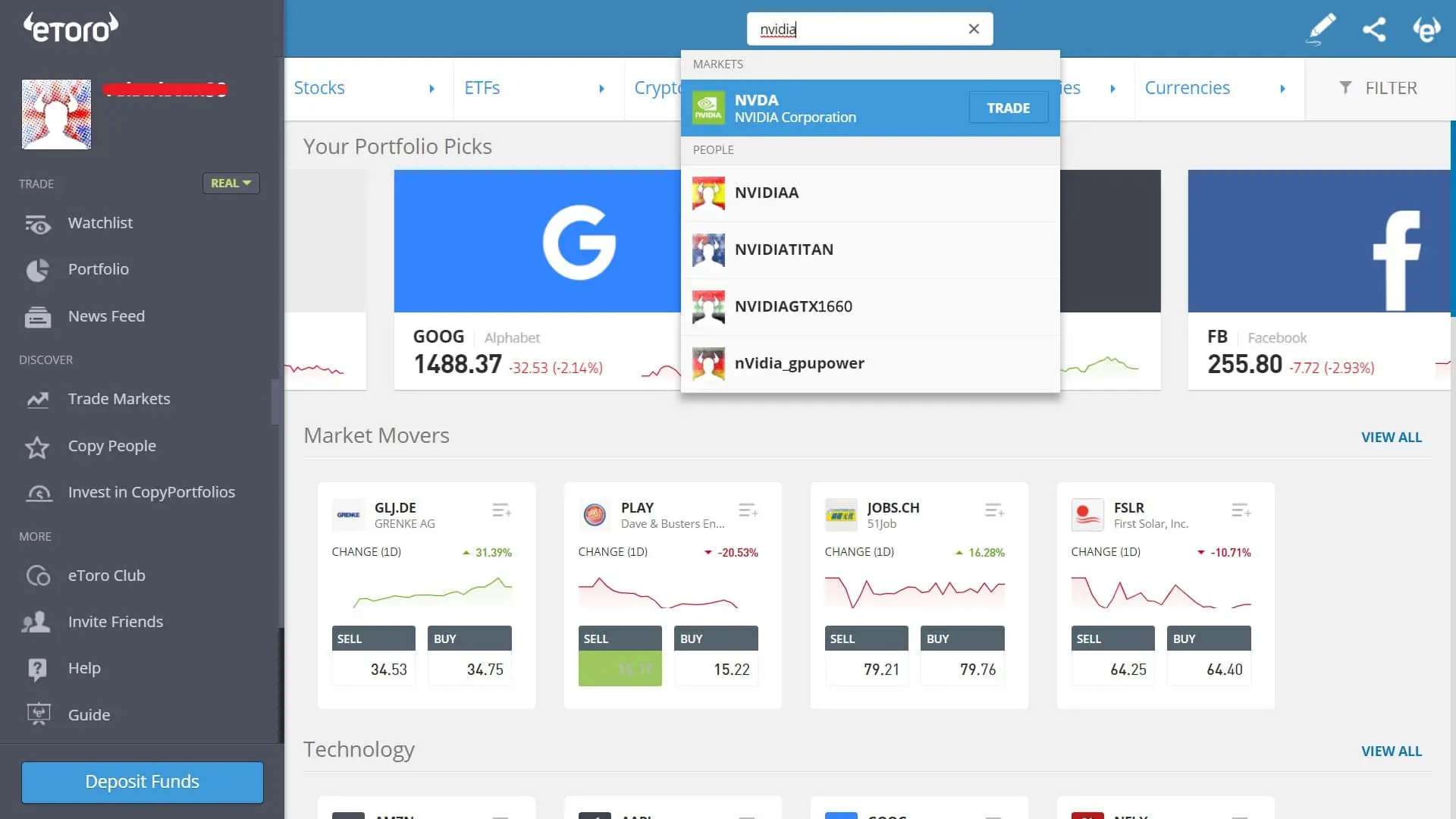 Searching for NVIDIA stock on eToro's platform