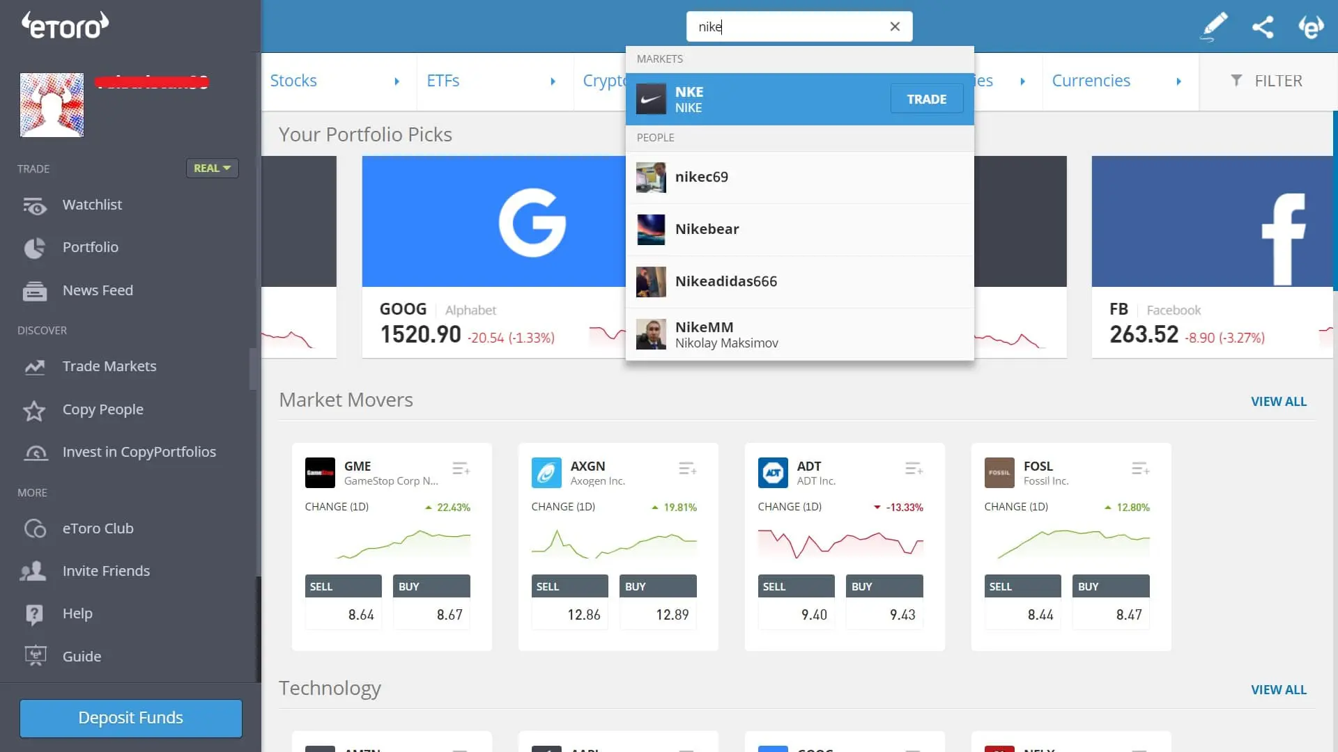 Searching for Nike stock on eToro's platform