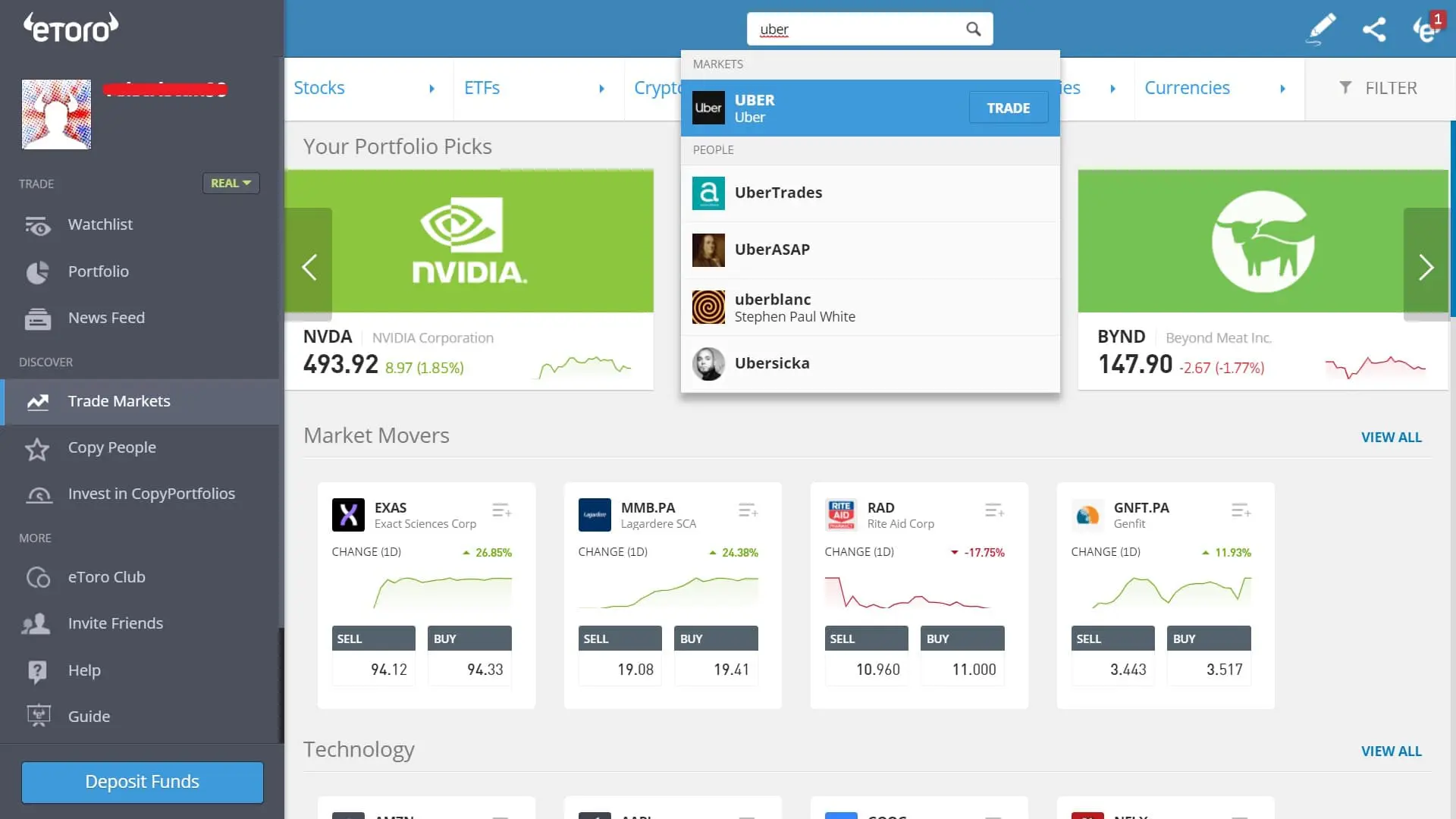 Searching for Uber stock on eToro's platform