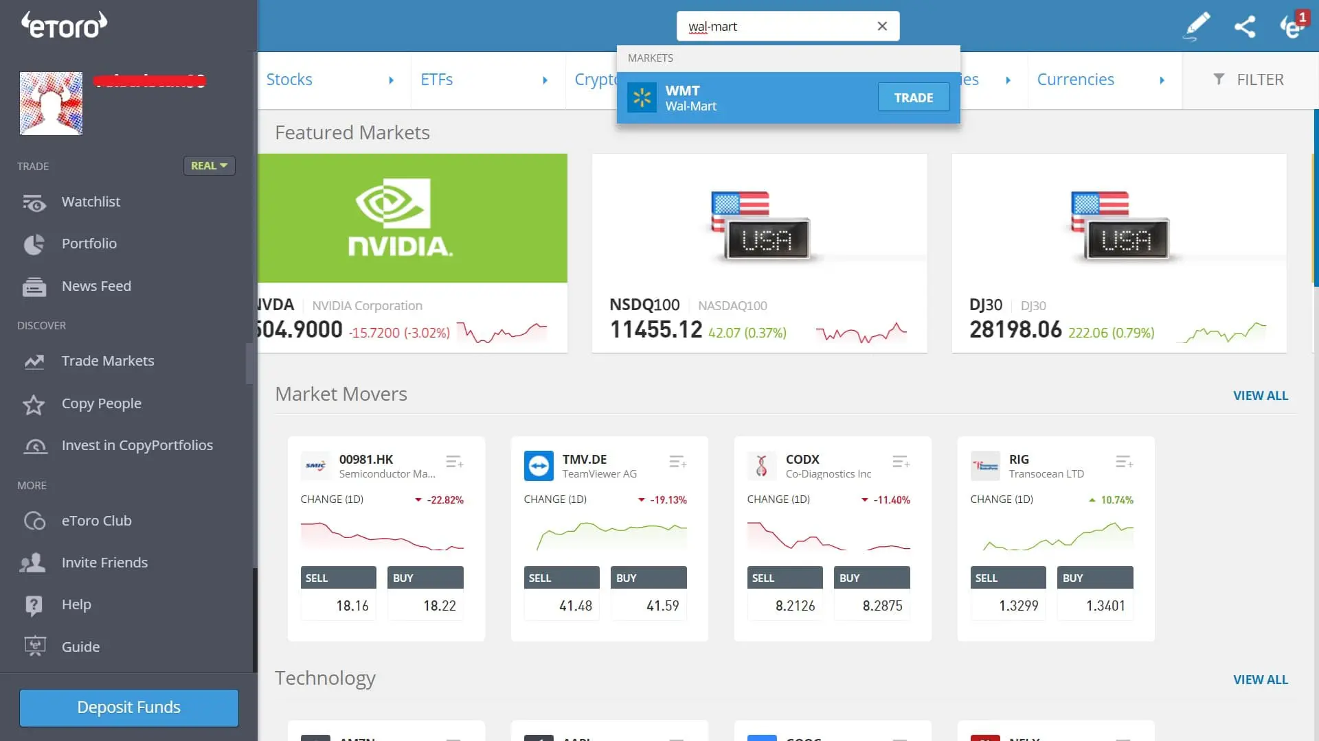 Searching for Walmart stock on eToro's platform