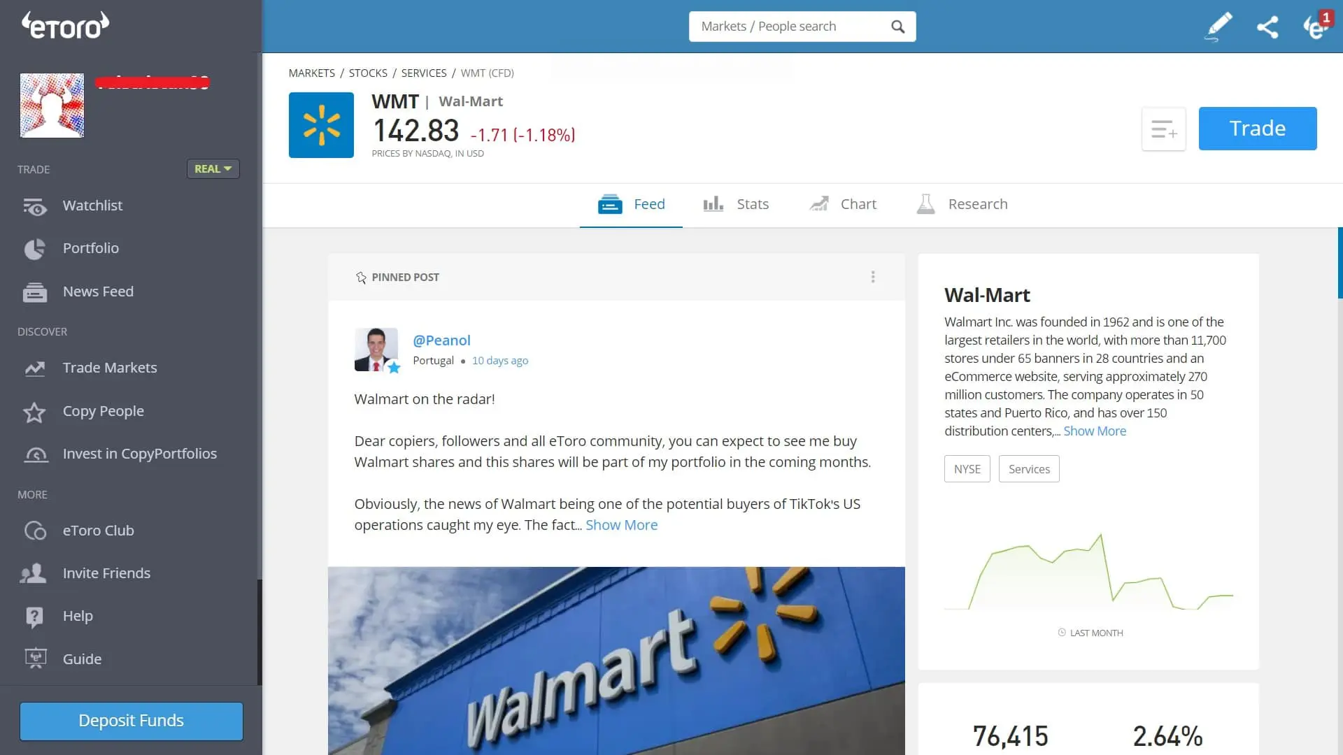 Walmart stock trading on eToro's platform