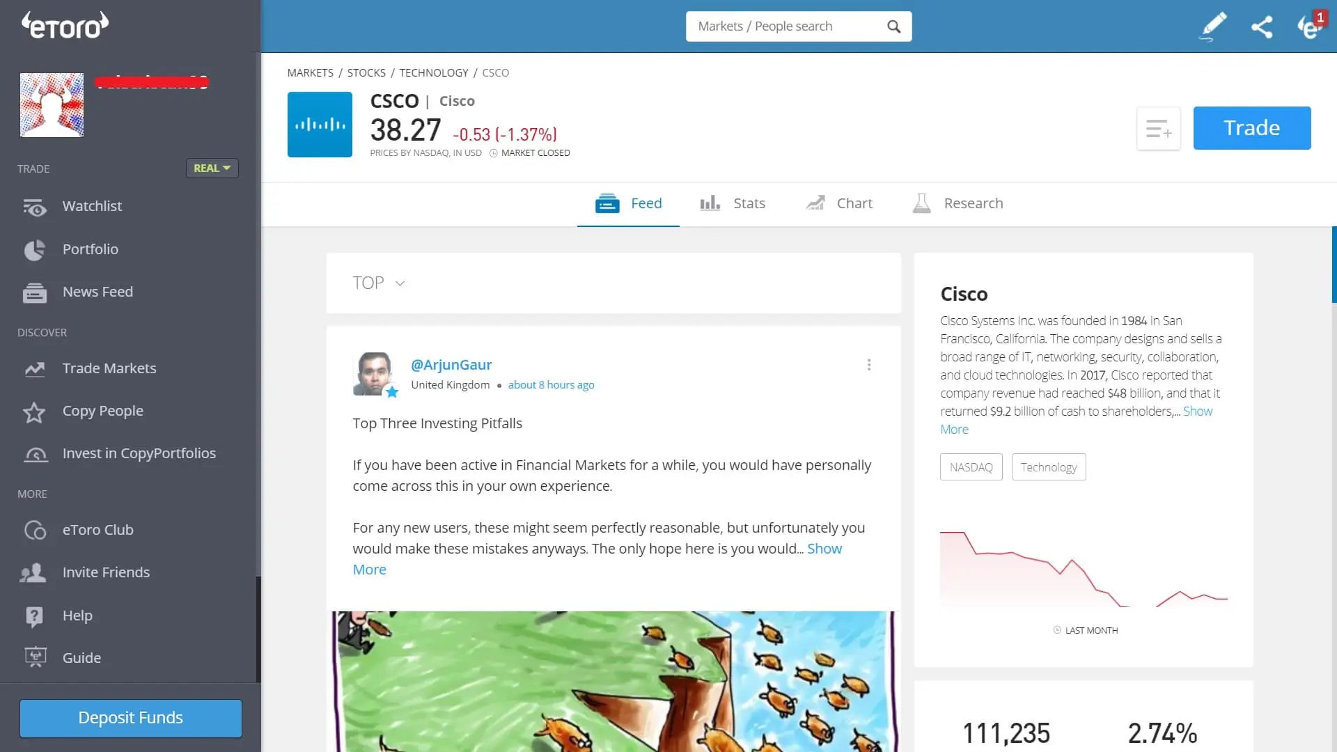 Cisco stock trading on eToro's platform