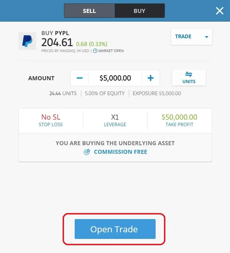 Executing order on eToro's platform
