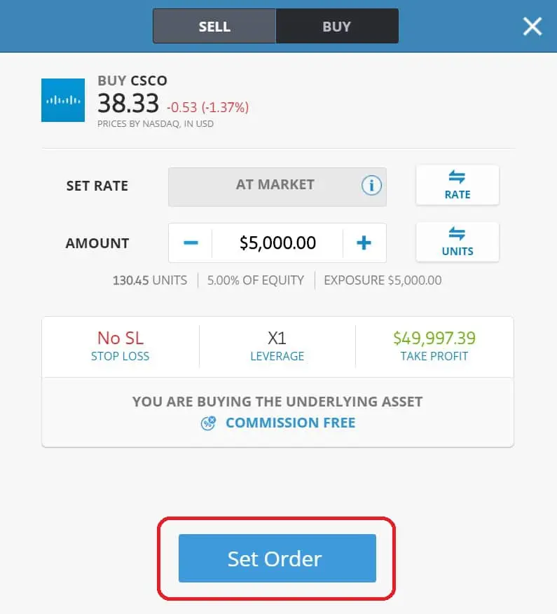 Executing order on eToro's platform Cisco