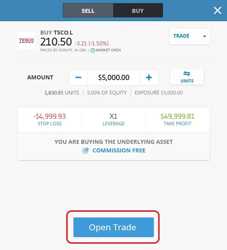 Executing order on eToro's platform Tesco