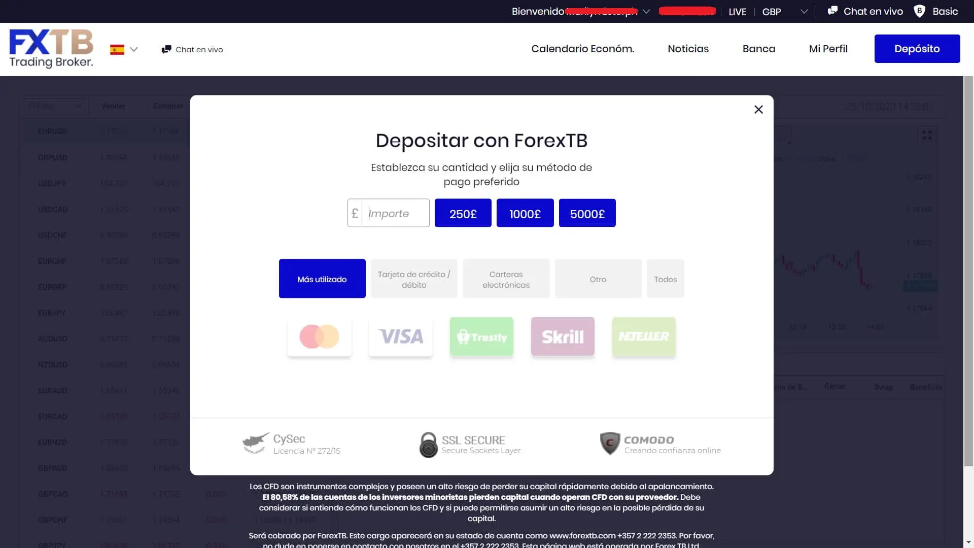 ForexTB métodos de depósito y retirada