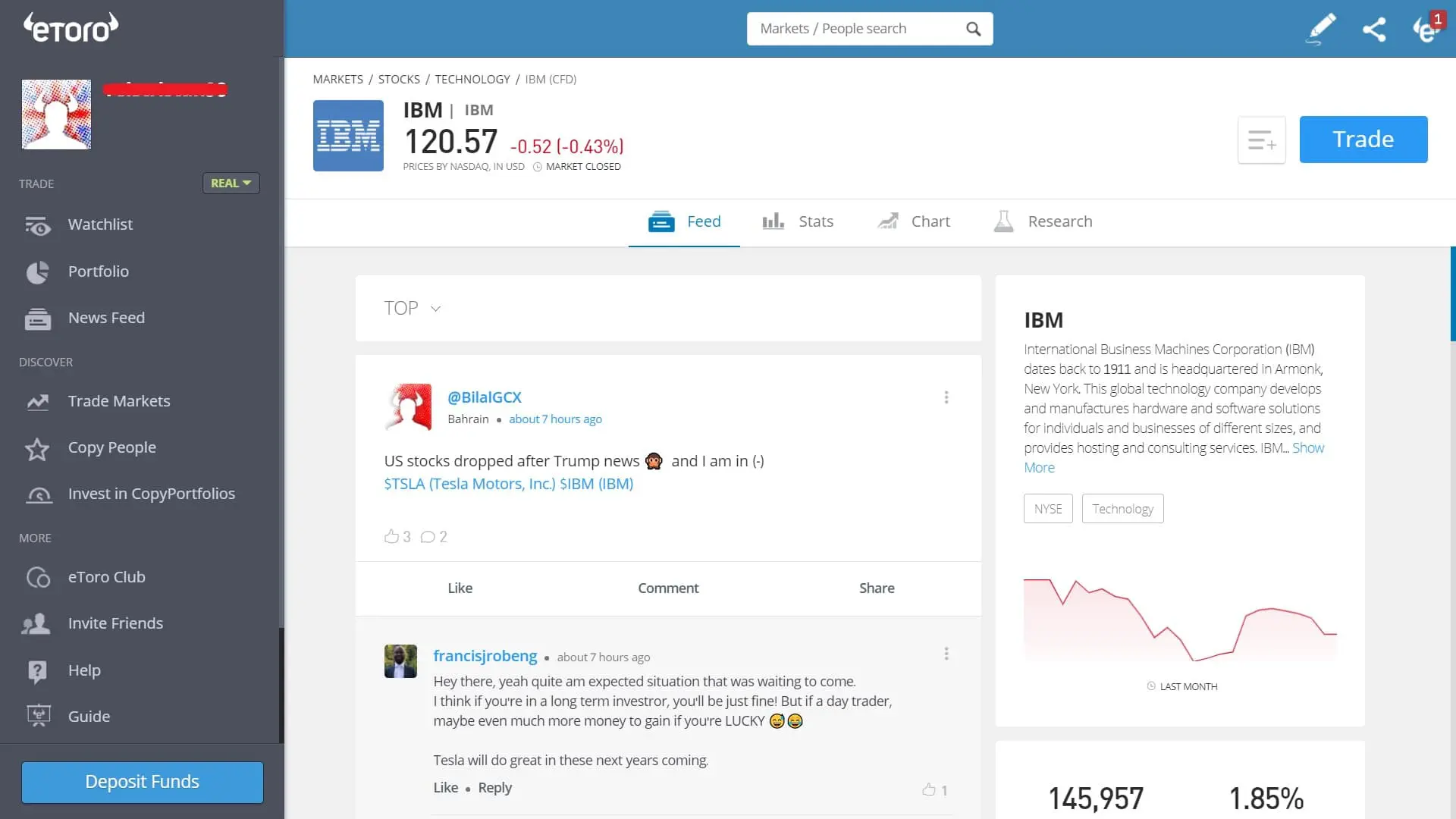 IBM stock trading on eToro's platform