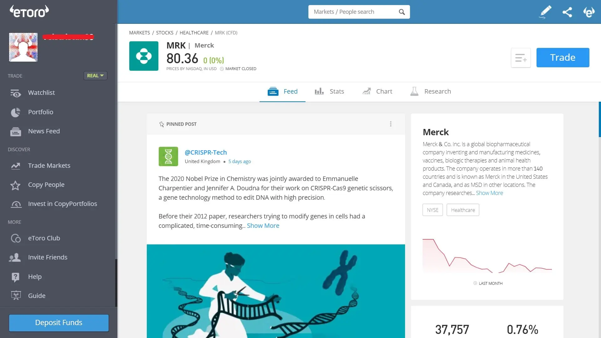 Merck stock trading on eToro's platform