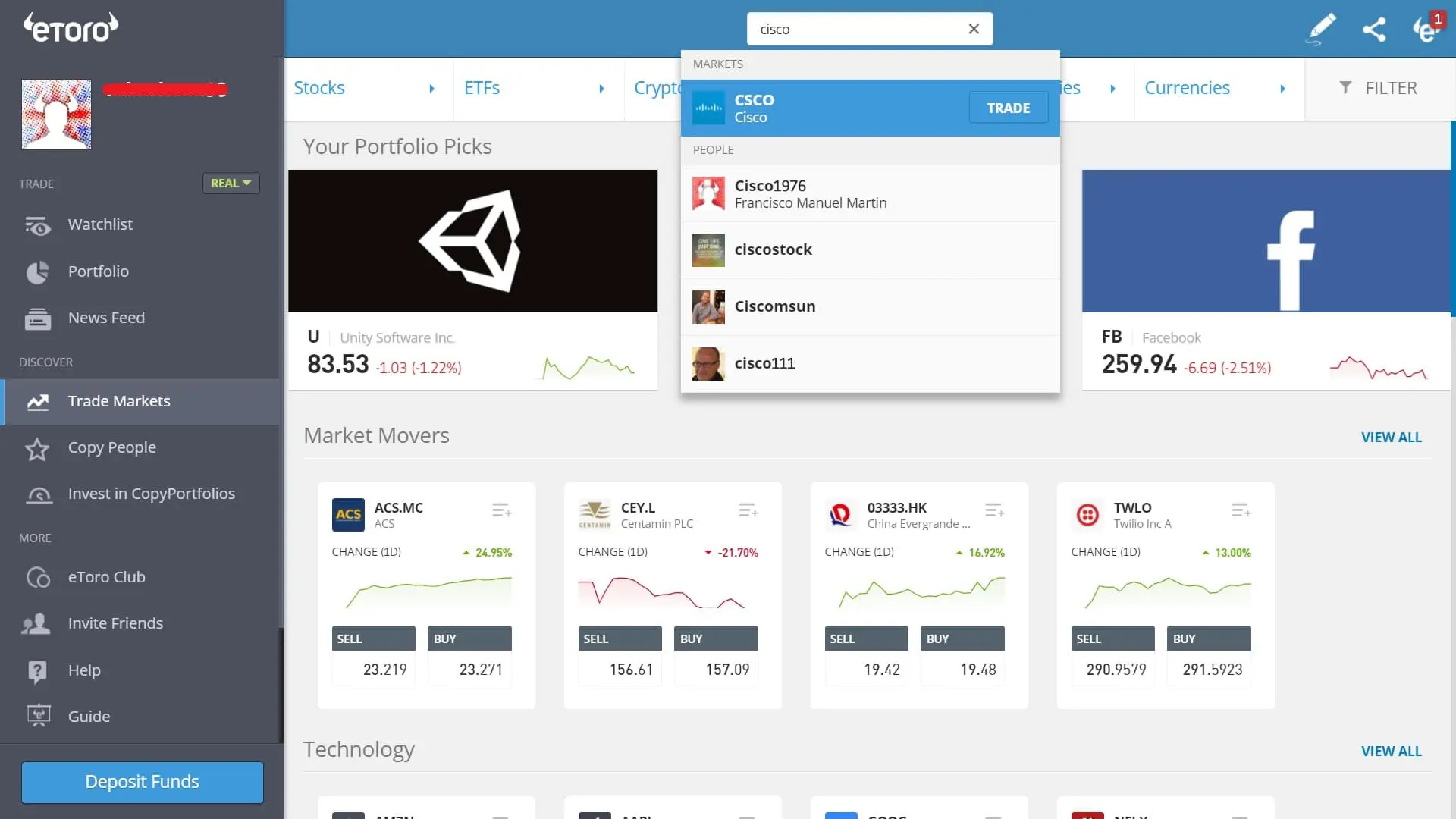 Searching for Cisco stock on eToro's platform