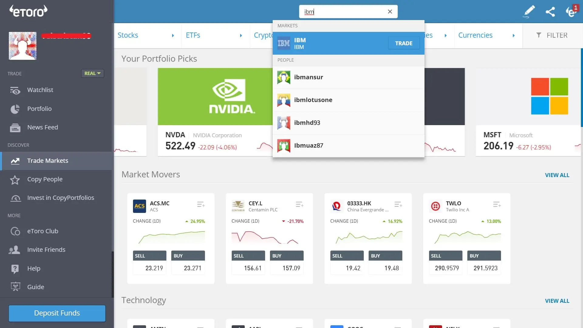 Searching for IBM stock on eToro's platform