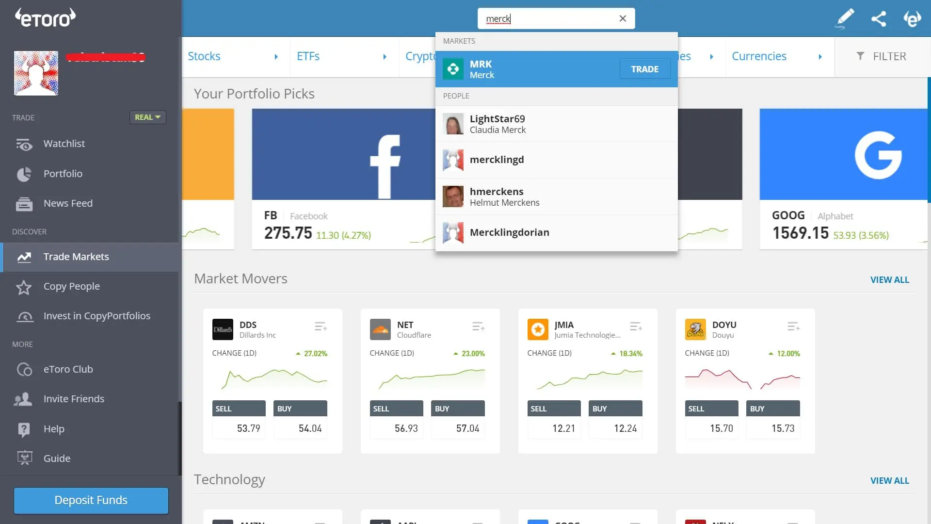 Searching for Merck stock on eToro's platform