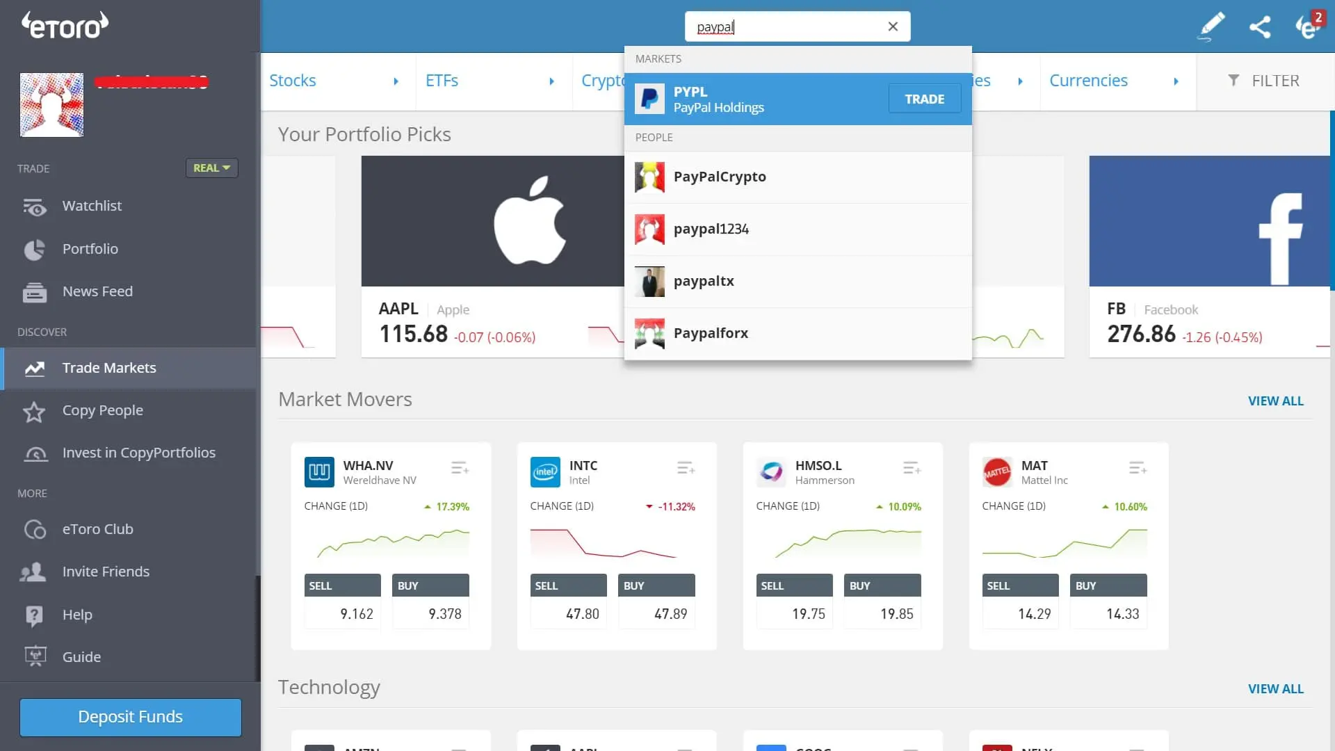 Searching for PayPal stock on eToro's platform