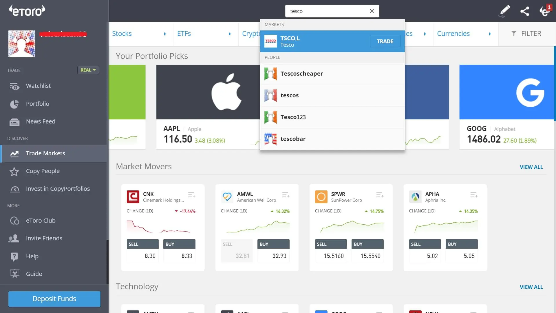Searching for Tesco stock on eToro's platform