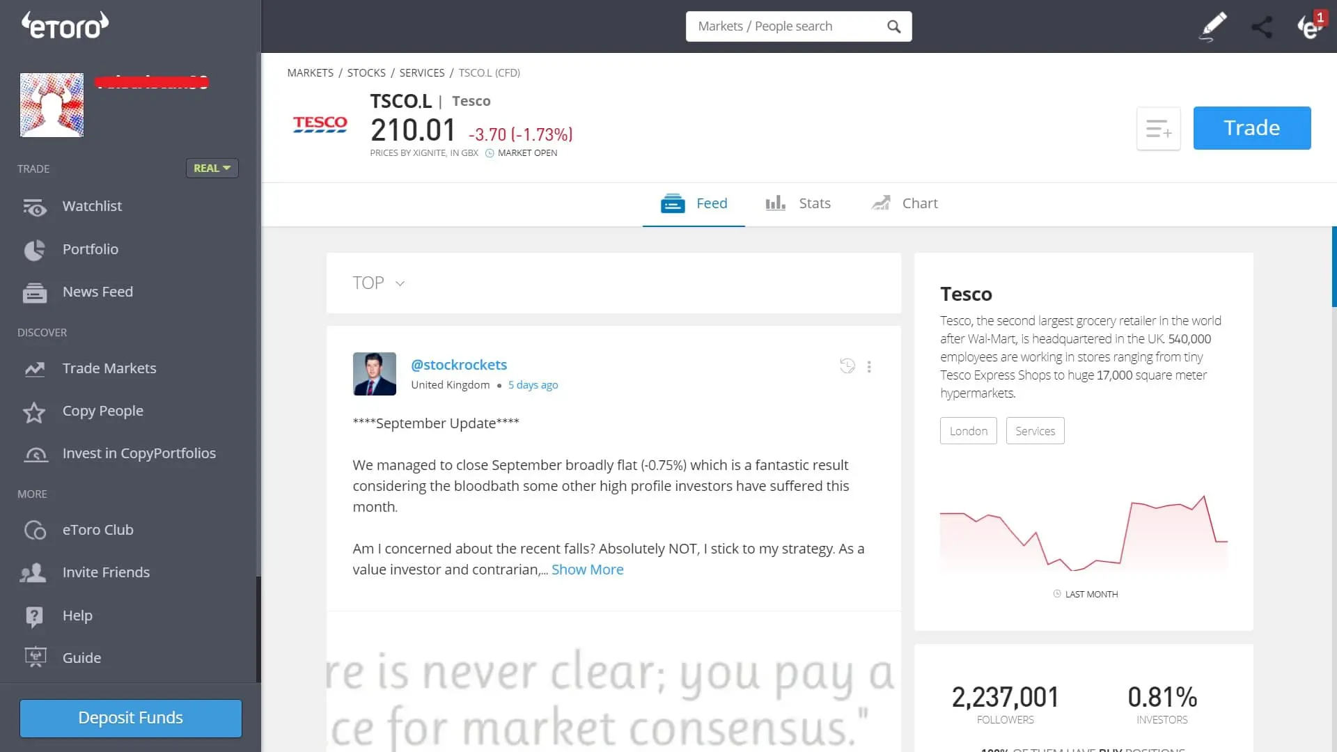 Tesco stock trading on eToro's platform