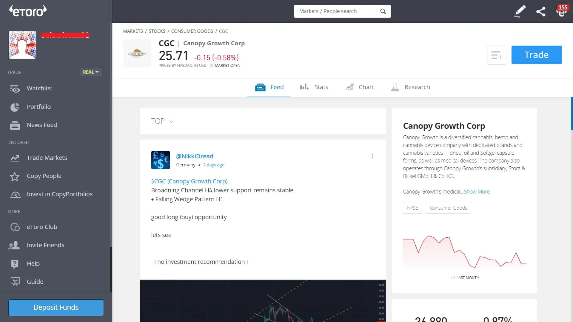 Canopy Growth stock trading on eToro's platform