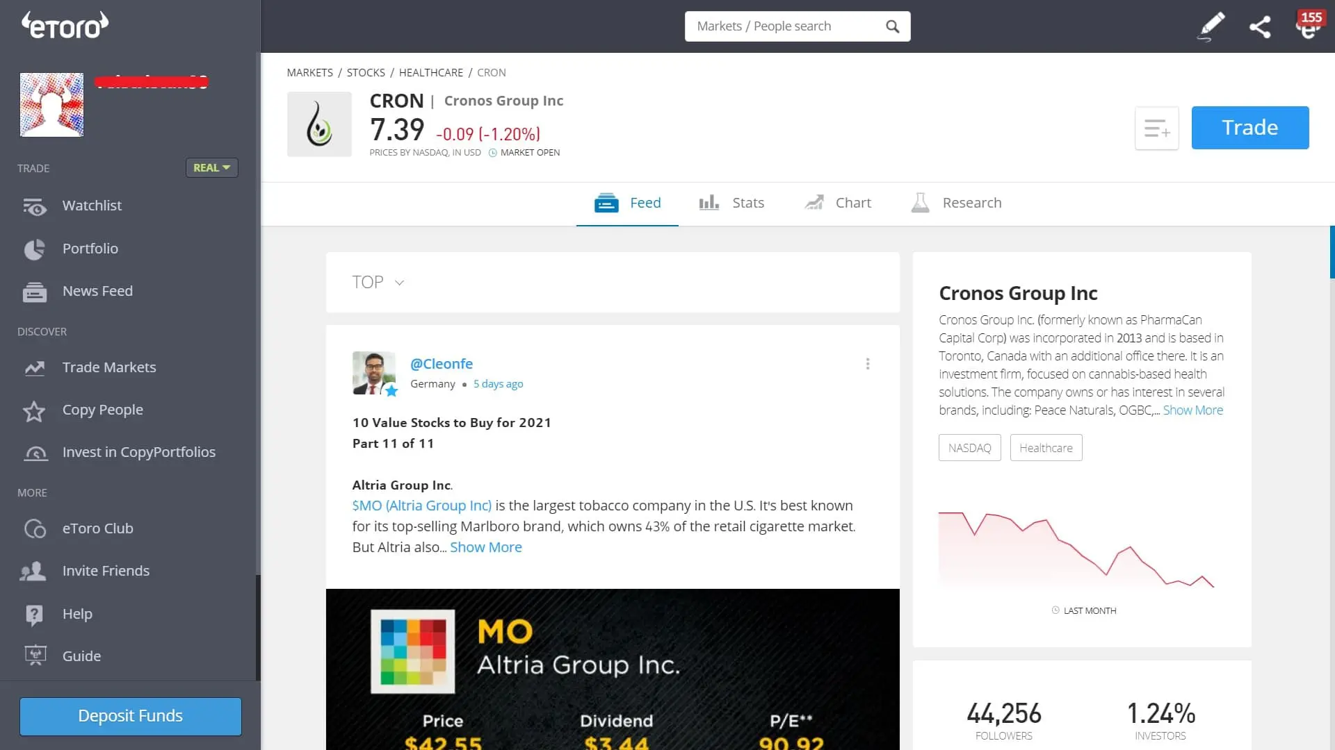 Cronos stock trading on eToro's platform