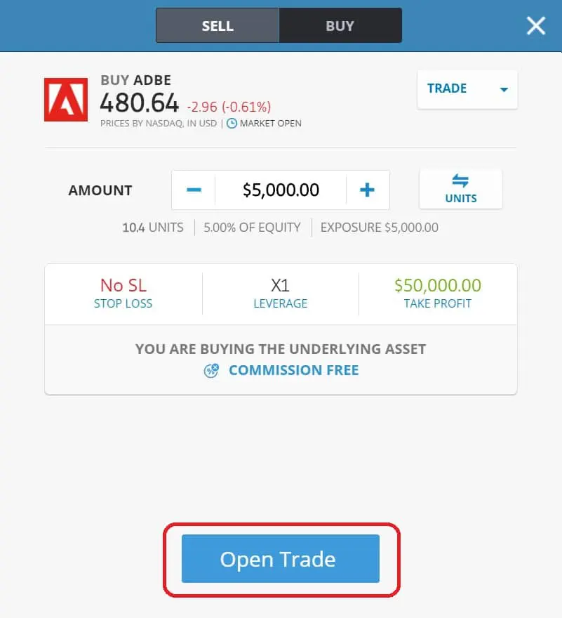 Executing order on eToro's platform