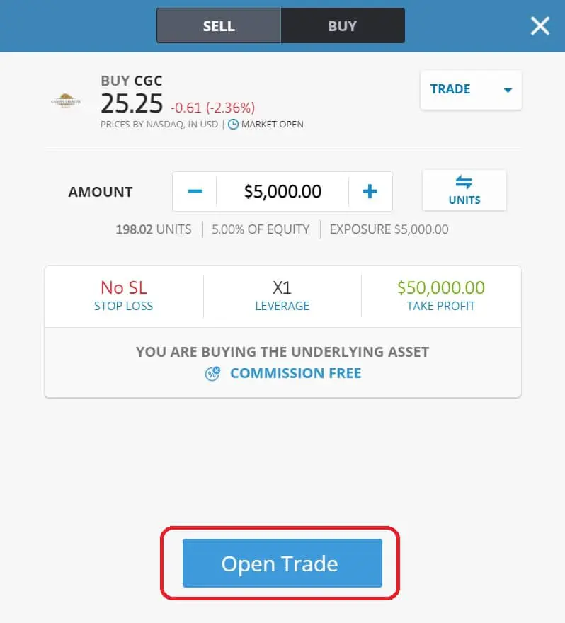 Executing order on eToro's platform