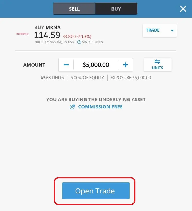 Executing order on eToro's platform