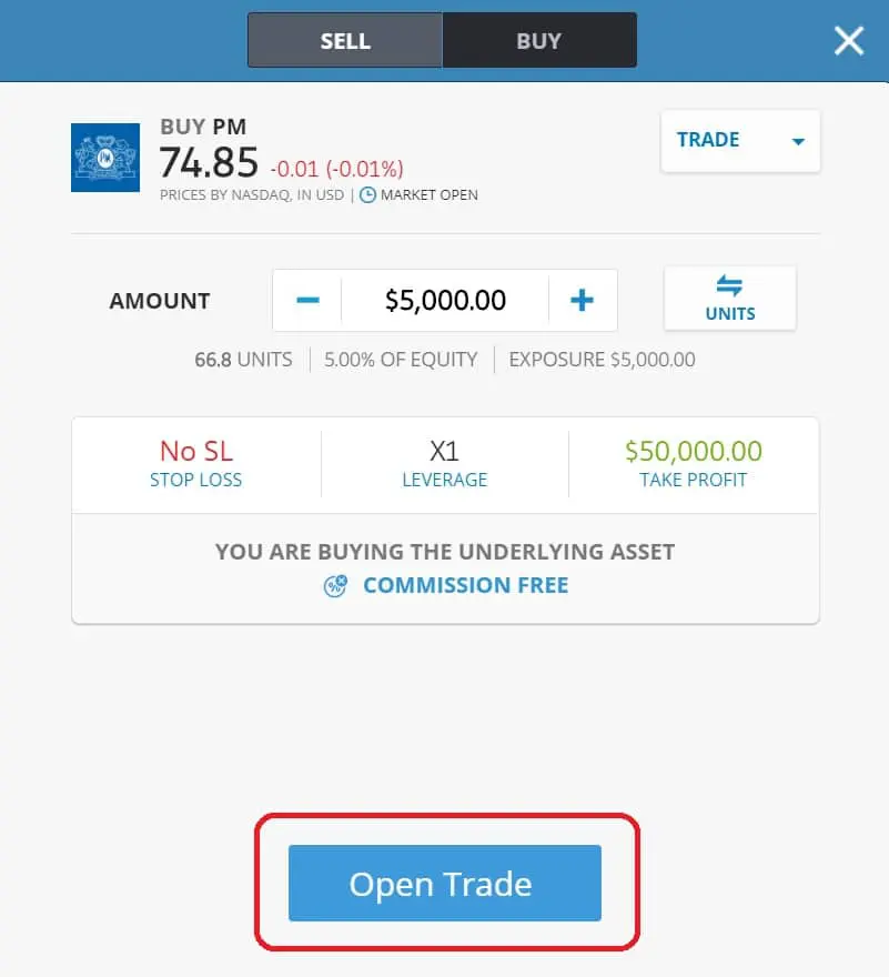 Executing order on eToro's platform