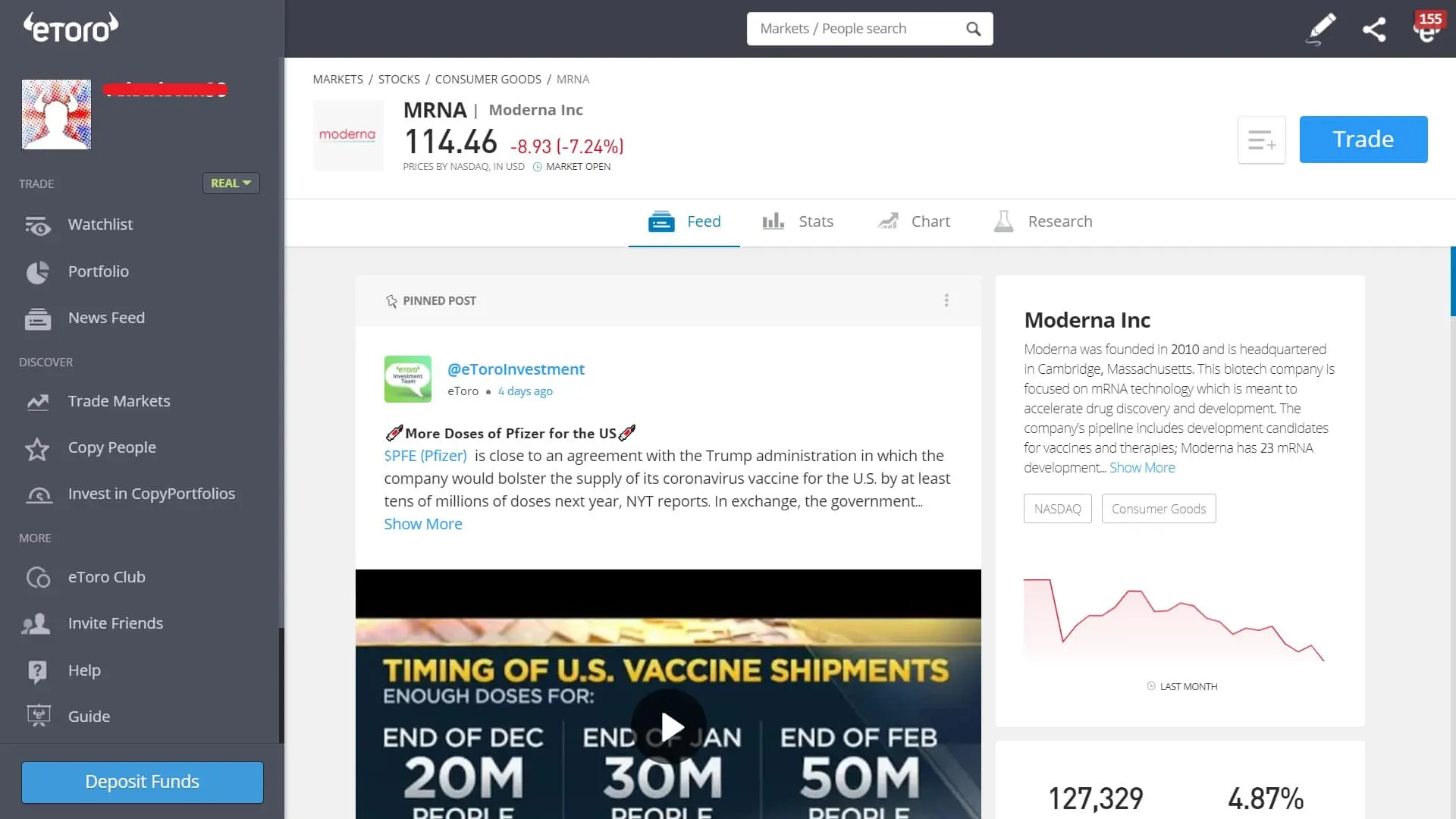 Moderna stock trading on eToro's platform