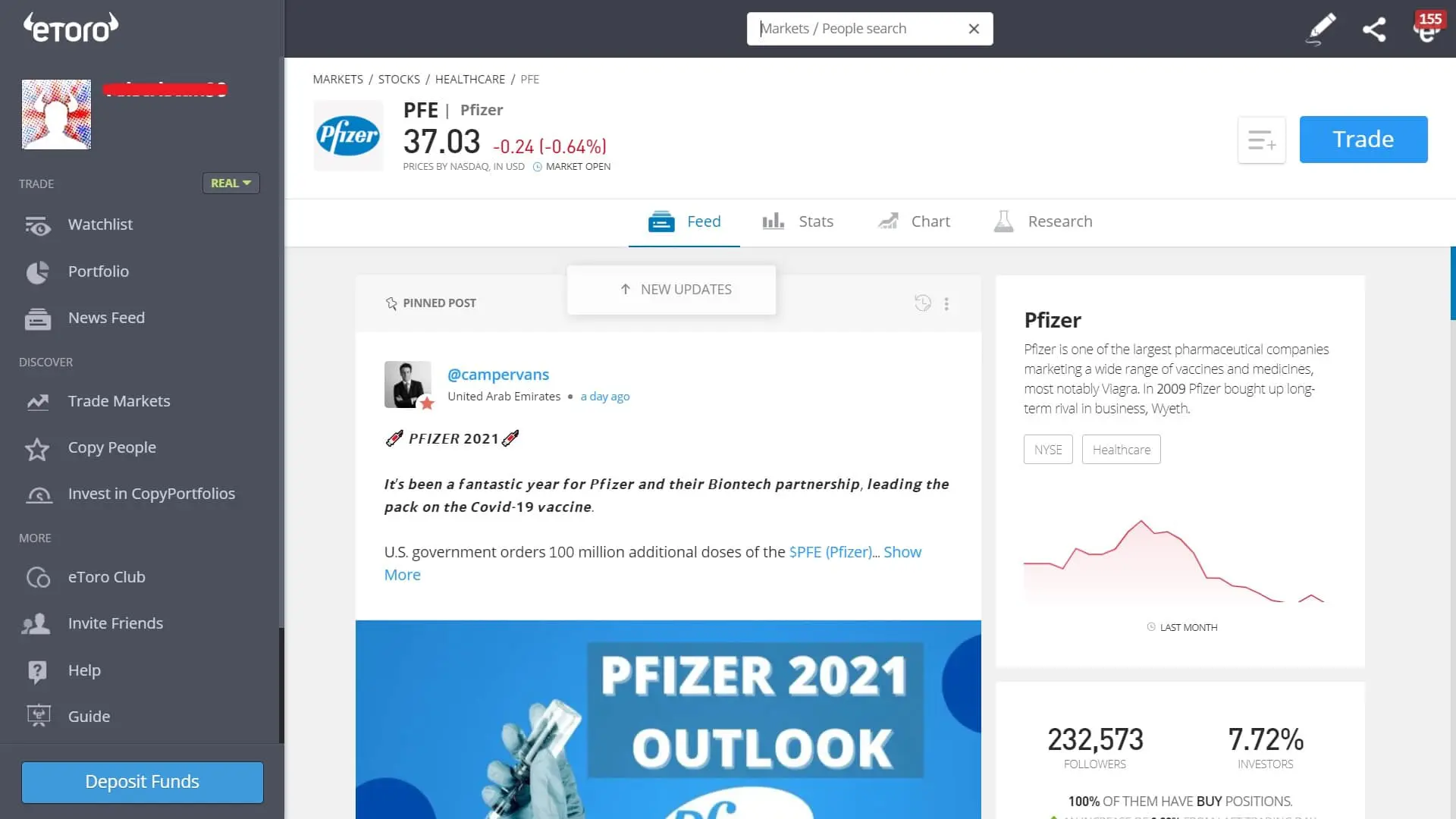 Pfizer stock trading on eToro's platform