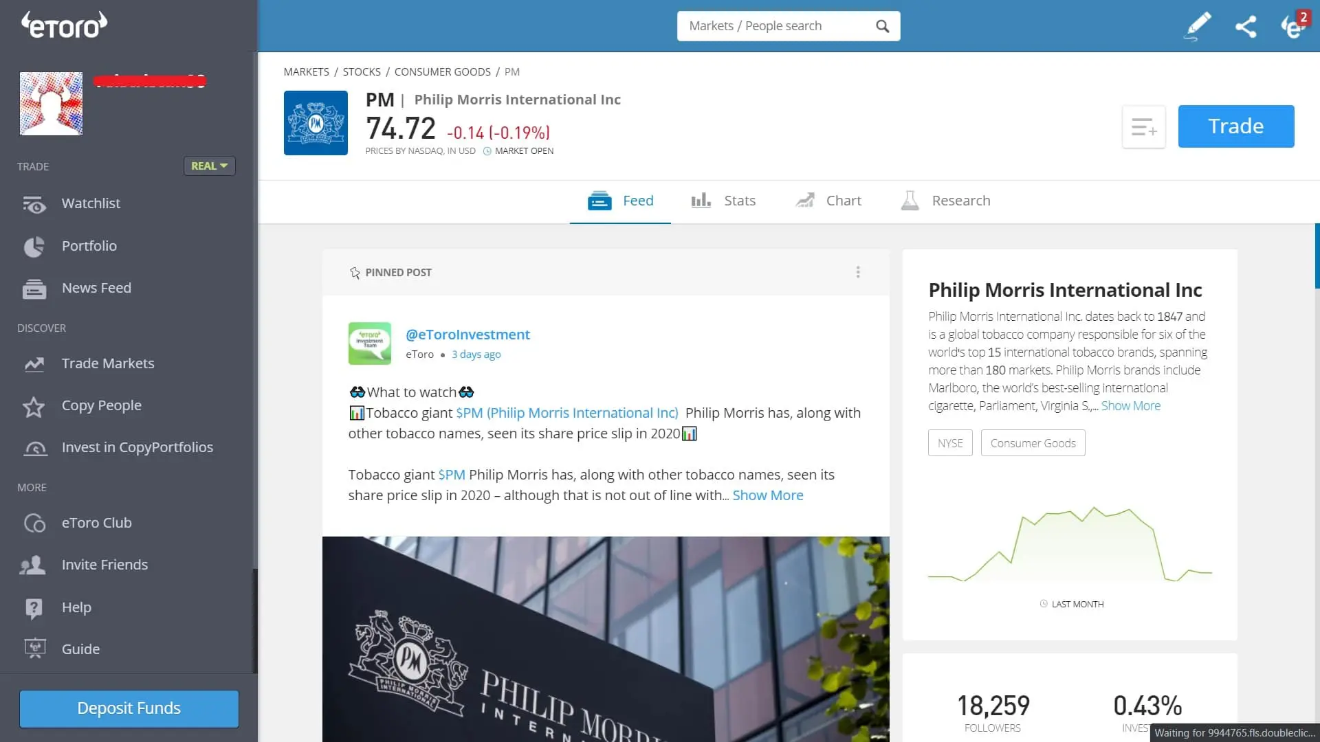 Philip Morris stock trading on eToro's platform