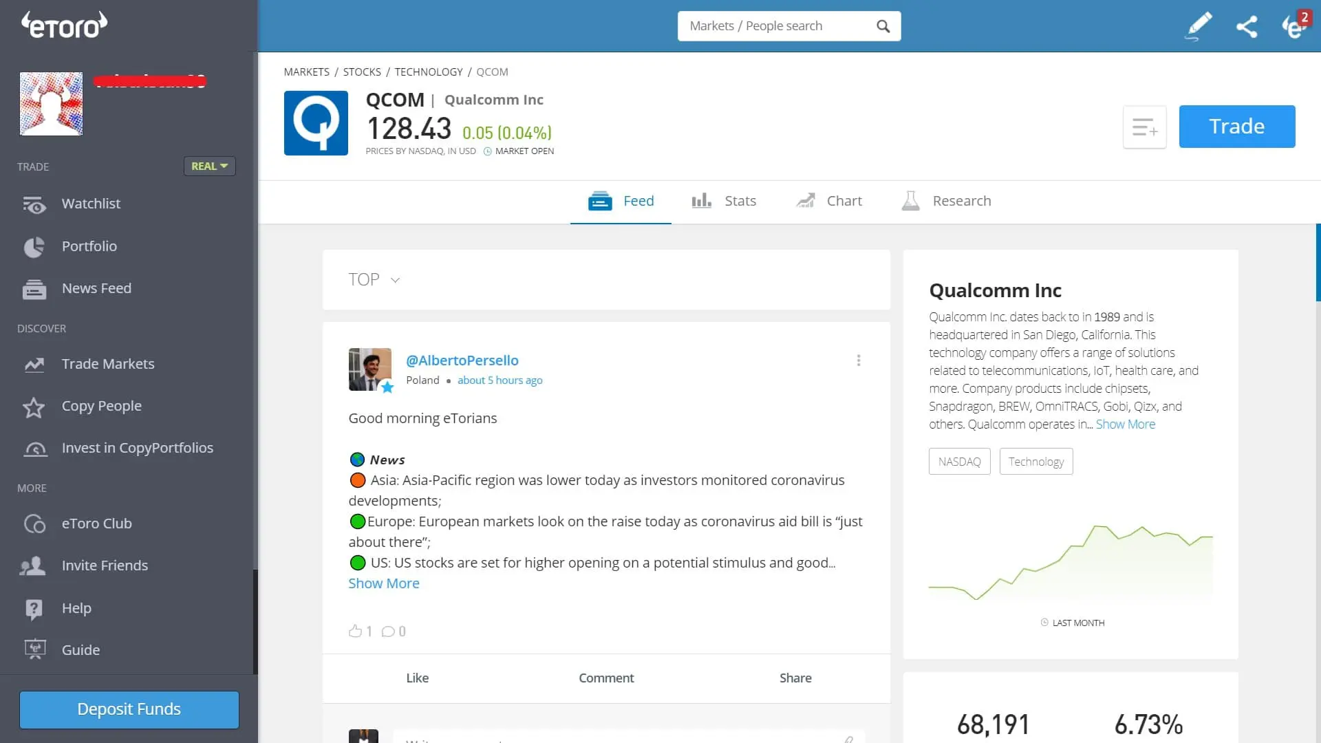 Qualcomm stock trading on eToro's platform